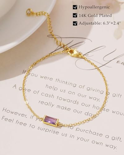 FUNEIA Birthstone Gold Bracelets for Women Non Tarnish Trendy Dainty 14K Gold Plated Bracelet Stack Stackable Blue Green May Emerald Friendship Bracelets Jewelry Gifts for Mom Best Friend - color: 06. June(Alexandrite)