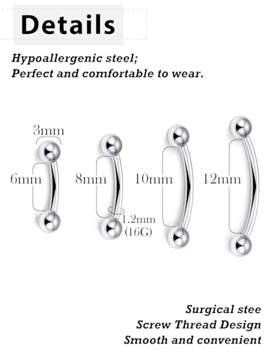 16G 14G 12G Eyebrow Piercing Jewelry Set for Women Men, Surgical Steel Mixed Size Hypoallergenic Rook Piercing Jewelry, Silver,6/8/10/12mm, 9Pcs