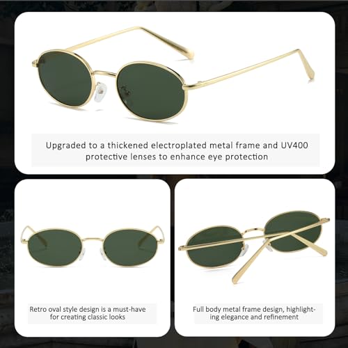 Retro Oval Sunglasses for Women Men 90s Trendy Small Round Gold Sun Glasses Fashion Narrow Metal Frame Shades - color: Gold/G15