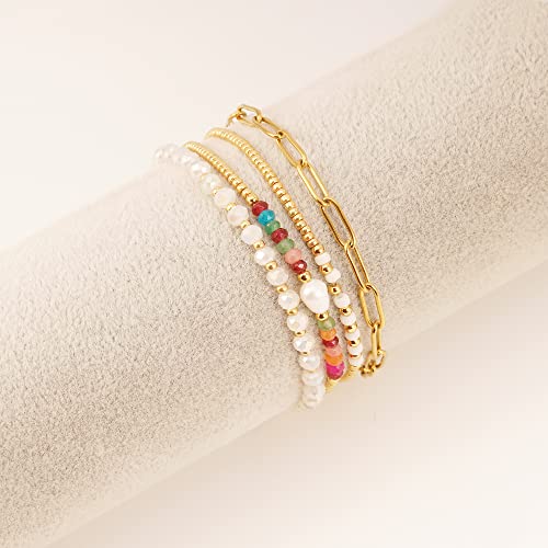 Dainty Gold Plated Pearl Crystal Beaded Bracelets Set for Women 14K Gold Plated Bead Pearl Beads Bracelet Stackable Paperclip Link Chain Bracelets Gold Plated Bracelets for Women Trendy Jewelry - color: Style1