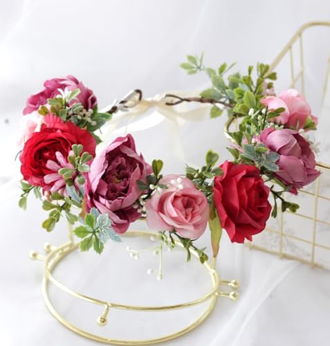 Vivivalue Fairy Flower Crown Floral Headband Even Headpiece Woodland Forest Elf Circlet for Women Wedding Bridal Halloween Cosplay Photo Shoot Accessory Red - color: 4