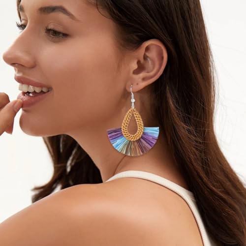 Boho Summer Beach Earrings for Women Lightweight Straw Wicker Earring Statement Raffia Fan Round Tassel Dangle Drop Earrings Hawaii Jewelry - style: Purple Teardrop