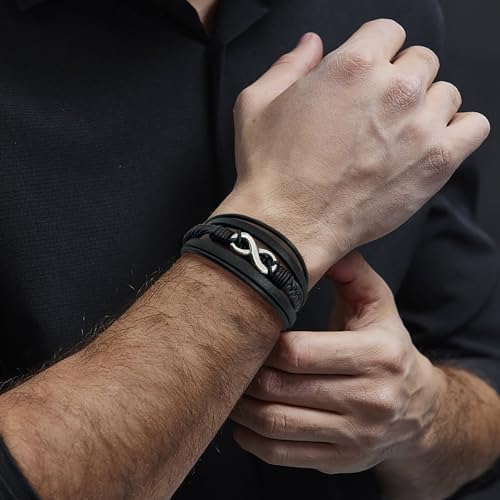 Men's Leather Infinity Bracelet Stainless Steel Number 8 Wristband Cuff Bangle Bracelets Gifts for Men, 8.3 & 9.1 inches - color: 02.Five-layers leather & silver infinity, size: 8.9inch(22.5cm)