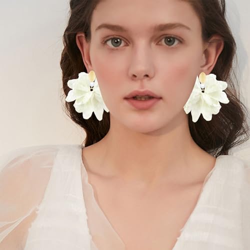 Handmade Fabric Flower Petal Fringe Dangle Drop Earrings Bohemian Floral Tassel Stud Earrings For Women - color: Off White