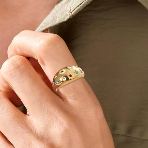 Gold Silver Rings Set for Women Chunky Statement Rings ZC Dome Evil Eye Croissant ring Thick 18K Gold Plated Band Rings - color: multi cz, size: 8