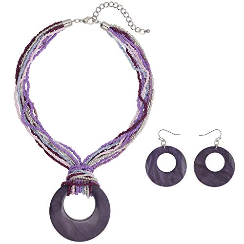Coiris Multi Strand Statement Colorful Beaded Necklace with Big Circle Shell Pendant for Women - color: Loganbery
