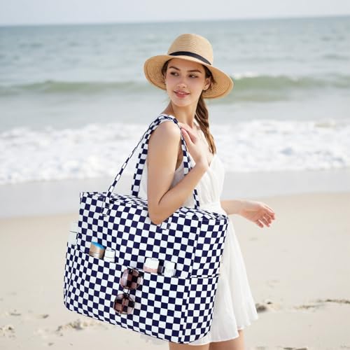 Bluboon Waterproof Beach Tote Pool Bags for Women Ladies Extra Large Carry On Bag With Wet Compartment for Weekender Travel - color: Dark Blue White Checkered