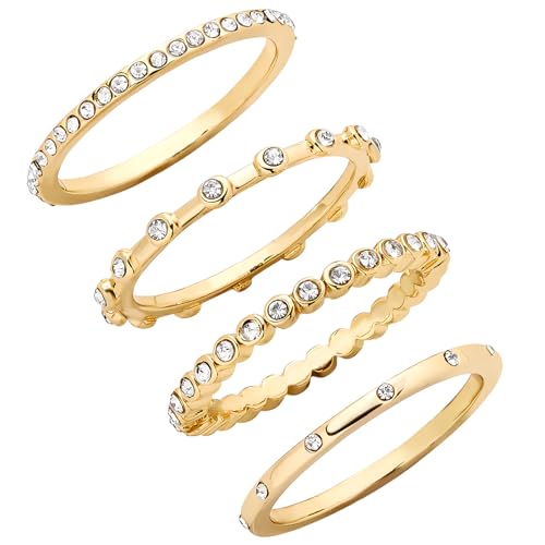 14K Gold Filled Rings for Women, Dainty Stacking Rings for Women, Thin Gold Band Ring Plain Statement Ring Comfort Fit Size 6-10 - color: Gold CZ-4PCS