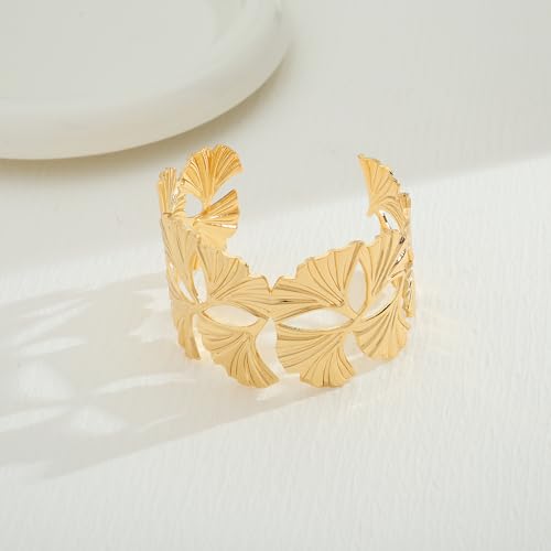 Gold Chunky Cuff Bracelet for Women Coral Ginkgo Leaf Statement Vintage Bracelets Trendy Gold Statement Jewelry - color: chunky leaf bracelet