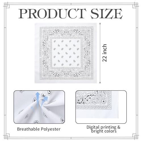 Blulu 12 Pack Neon Bandanas Bulk Multi Purpose Paisley Cowboy Bandanas for Men Women Headband Western Music Festival Rave - color: White
