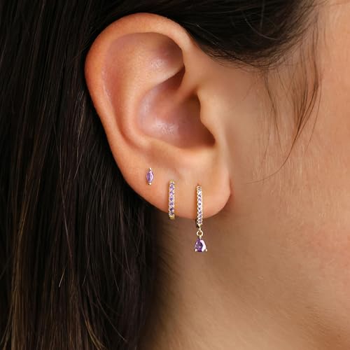 14K Gold Plated Small Huggie Hoop Earrings Set for Women, Hypoallergenic Dainty Sterling Silver Dangle Studs for Cartilage Helix, Lightweight Trendy Cute Stack Birthstone Jewelry Gift - color: 06_Alexandrite_Jun_Gold