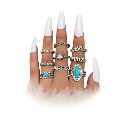 Bohemian Turquoise Ring Set for Women,Vintage Gem Turquoise Opal Joint Knuckle Stackable Rings Chunky Boho Midi Ring Pack Punk Western Ring Mixed Size - style: Style E