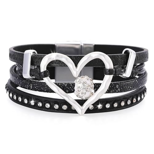 Long tiantian Leather Bracelets for Women Warp Bracelet Stackable Boho Layered Bracelet Chunky Heart Trendy Birthday Gifts for Her - color: A3:Boho Jewelry for Women (Black)