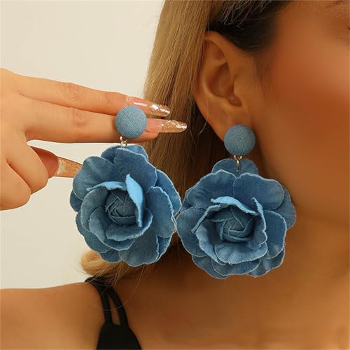coadipress Boho Denim Camellia Flower Dangle Earrings for Women Exaggerated Big Layered Tiered Blossom Floral Drop Long Earring Chic Statement Earrings Wedding Bridal Jewelry Gifts - style: Flower Light Blue