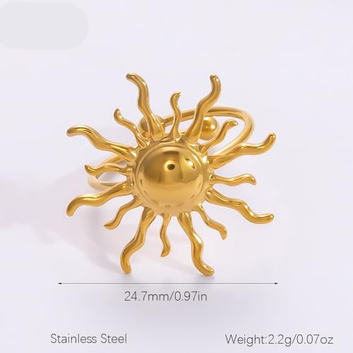 Vintage Sun Wrap Band Statement Ring for Women Men Stainless Steel Gold Unique Adjustable Large Sunburst Knuckle Thumb Finger Open Rings Boho Delicate Jewelry for Her