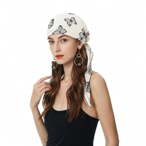 ZLYC Chemo Headwear Pre Tied Head Scarf Headwraps Lightweight Turban Beanie Cap for Women - color: Butterfly White