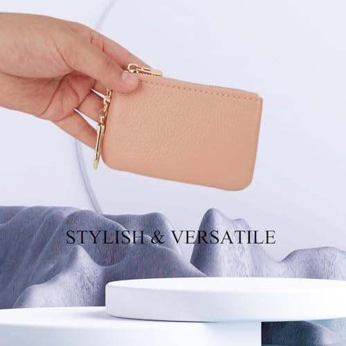 Full Grain Leather Coin Purse with Key Chain - Small Change Purse Keychain Card Holder Keychain Pouch Small Keychain Wallet for Women and Men (Pink) - color: Pink, Regular Size