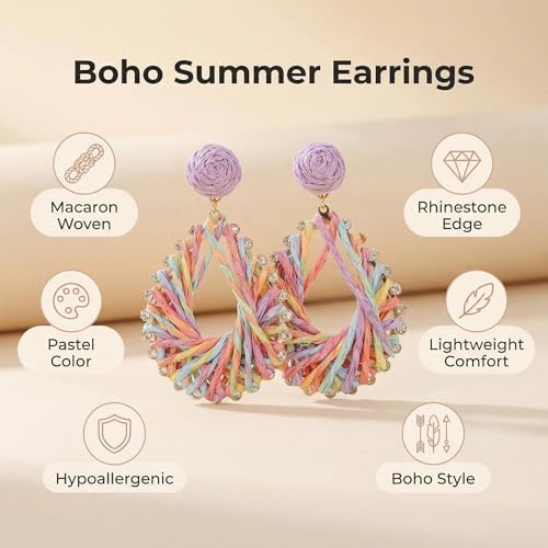 Woven Raffia Rattan Earrings for Women, Boho Flower Hoop & Drop Dangle Earrings Collection, Handmade Summer Beach Vacation Statement Earrings for Party Daily Wear - color: Rainbow Woven Hoop