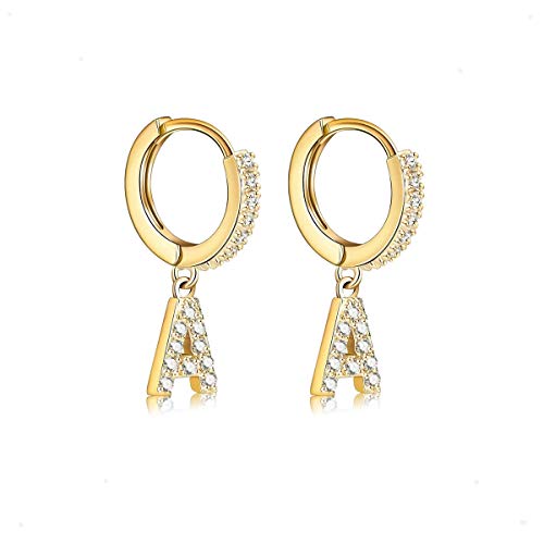 14K Gold Plated Cubic Zirconia Initial Earrings Delicate Small Hoop Earrings Hypoallergenic Letter Earrings for Women - style: A Gold