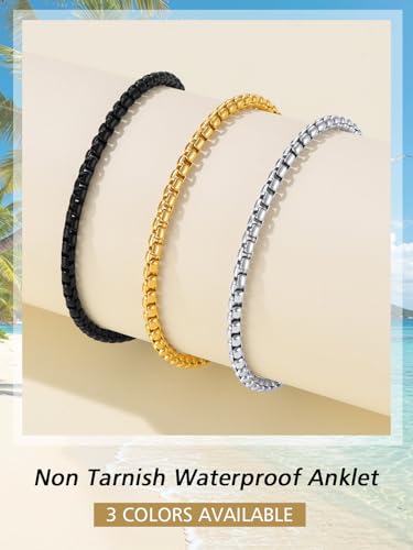 FindChic Stainless Steel Ankle Bracelets for Women, Waterproof Figaro/Cuban/Box/Beaded Chain Anklets, Summer Beach Foot Jewelry, 8.5''-10.5'' Adjustable Length, with Gift Box - style: Box Chain-Black