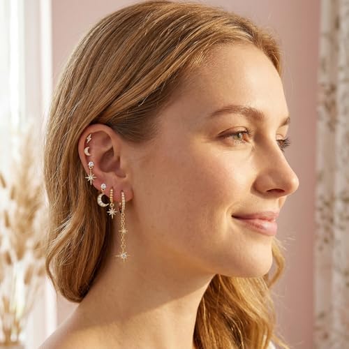 6 Pcs/6 Pairs Hypoallergenic 925 Sterling Silver Stud Post 14K Gold Earrings for Women Moon Star Hoop Stackable Cubic Zirconia Chain Dangle Earring Set Stacks for Multiple Piercings - color: Gold Moon Star
