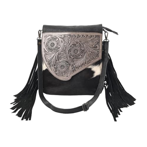 Merbaa Sunset Star Crossbody Bag - Real Cowhide Hairon Women's Handbag with Leather Fringes - color: Black