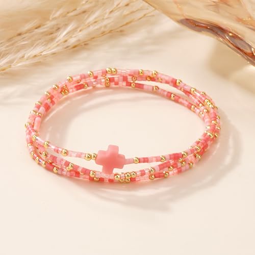 Gold Colorful Beaded Cross Bracelet Stack Set for Women,Handmade Bohemian Seed Beads Stacked Bracelets Fashion Holiday Jewelry Gift - color: Pink