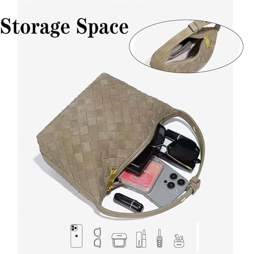 Woven Purse for Women Suede Leather Shoulder Bag Vegan Tote Bags Suede Hobo Top-Handle Handbag - color: Coffee