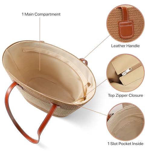 Straw Bags For Women | Travel Straw Totes Bag, Summer Woven Shoulder Bag Handbag - color: Straw/White