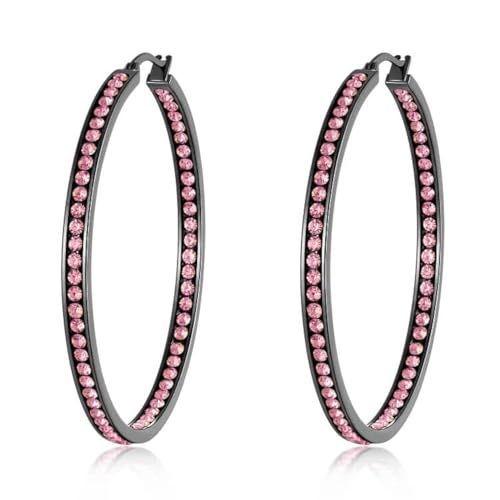 CiNily Mult-colors Crystal Stainless Steel Hoop Earring for Women Hypoallergenic Jewelry for Sensitive Ears Large Big Hoop Earrings 2" - color: Black&Pink
