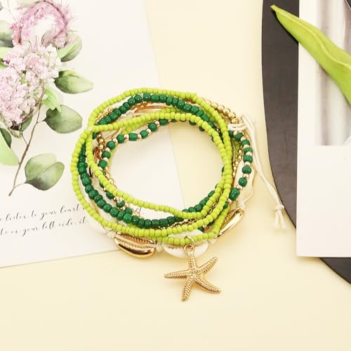 Shell Anklets Bracelet for Women Waterproof Surfer Starfish Bracelet Puka Shell Anklet Colorful Boho Stack Stretch Bead Bracelet Set Hawaii Summer Beach Vacation Foot Jewelry - color: Green