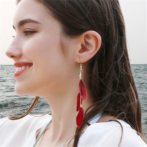 coadipress Boho Piercing Tassel Feather Long Chain Earrings Retro Lightweight Native Feather Dangle Drop Earrings for Women Bohemian Handmade Natural Feathers Earring Jewelry - color: Wine Red