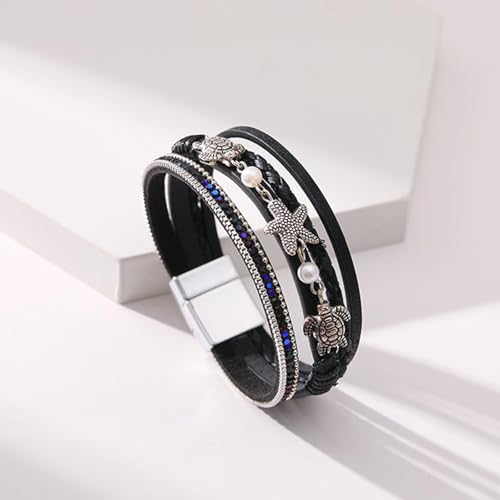 Long tiantian Boho Leather Wrap Bracelets Western Bracelets for Women Stackable Starfish Crystal Pearl Turquoise Leather Bracelet With Clasp Jewelry Gifts Boho Dresses - color: B4:BLACK Bracelet