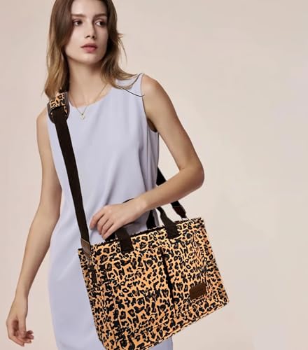 Large Canvas Tote Bag for Women Work Tote Bags with Pockets Laptop Crossbody Purses Everyday Bag Handbags for Travel - color: New Upgrade Plus Leopard