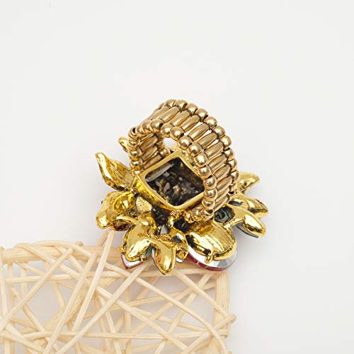 CSY Luxury Women's Austrian Crystal Leaves Flower Big Cocktail Statement Rings Stretch Adjustable Ring Jewelry Accessories - color: Red