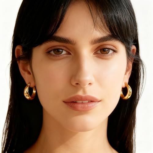 Hoop Earrings for Women 14K Gold Plated Thick Chunky Hoops Hypoallergenic Trendy Dainty Jewelry Gifts - style: Round Hoop