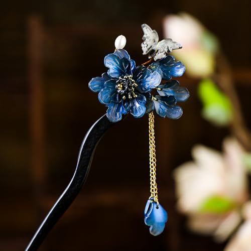 Blue Plum Blossom Resin Hairpin with Wooden Stick Elegant Tassel Chinese Hanfu Style Hair Fork for Women Girls