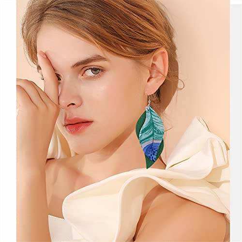 ANXIN boho unique Leather Earrings 2 Layered Lightweight Faux Leather Leaf Earrings Layered Design Drop Earrings Gift for Women - color: GREEN Faux Leather Leaf Earrings
