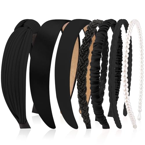 VELSCRUN Headbands for Women 7 Pcs Different Black Fashion Knotted Solid Head Bands Pearl Headband Non Slip Hair Band for Womens Gilrs Thin Thick Short Hair Face Wash Hair Accessories - color: Midnight Black