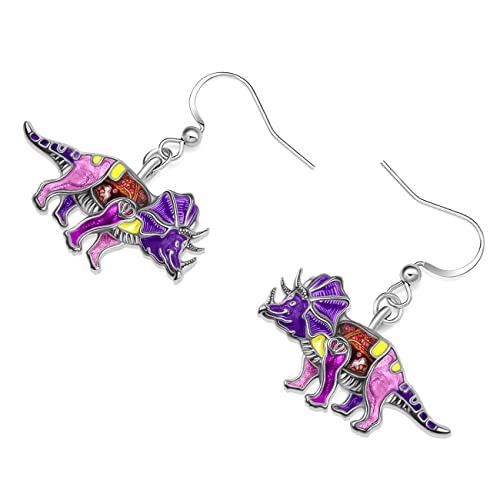 Enamel Alloy Dinosaur Fantasy Dragon Earrings Drop Dangle Unique Animal Jewelry For Women Dragons Gifts - color: Dinosaur Triceratops Violet
