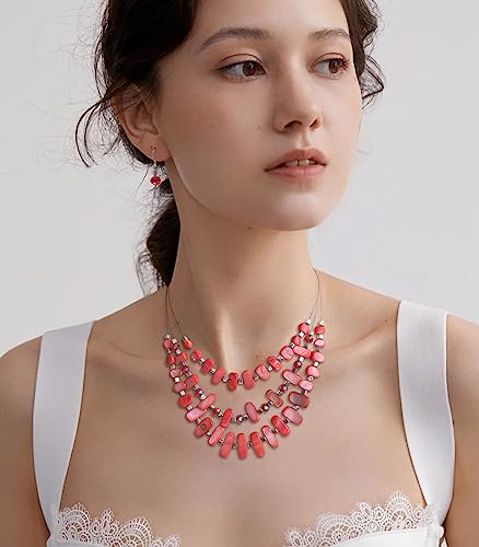 3 Layered Chunky Statement Necklace for Women Beaded Strand Necklaces with Earring Fashion Costumes Collar Necklace Jewelry Sets Gifts for Women - color: 50-Red