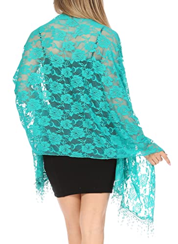 Sakkas Mari Women's Large Lightweight Soft Lace Scarf Wrap Shawl Floral and Fringe - color: Roseturquoise