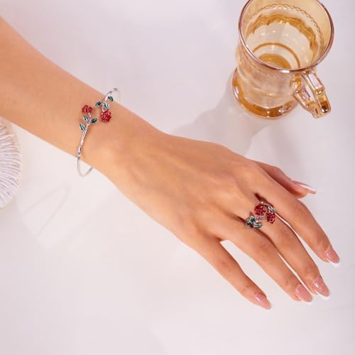 Dtja Vintage Rose Flower Bangle Cuff Bracelet Red Floral Statement Expandable Adjustable Ring for Women Antique Tribal Theme Green Leaf Jewelry for Valentine Christmas Holiday 2 Piece Set - color: Silver-Toned