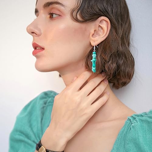 Handmade Bohemian Vintage Silver Nature Stone Beads Long Dangle Drop Earrings for Women - color: Blue Green