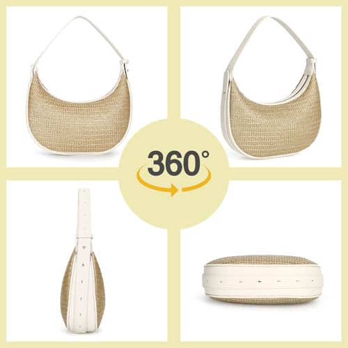 Herald Straw Crossbody Bag for Women Beach Woven Hobo Handbag Summer Chic Crescent Shoulder Purses with Adjustable Strap - color: Beige