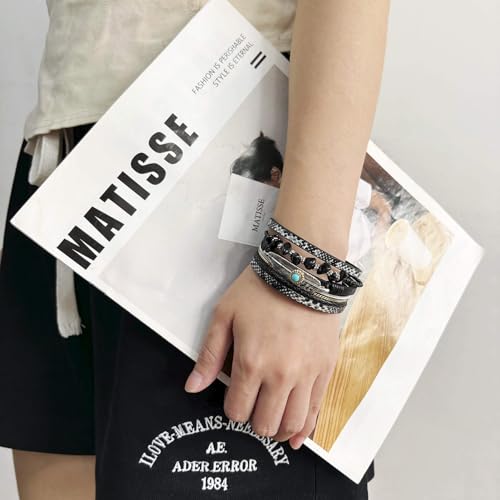 Turquoise Bracelet for Women, Boho Multilayer Leather Bracelet with Feather and Magnetic Clasp, Western Turquoise Jewelry - color: Black-Obsidian