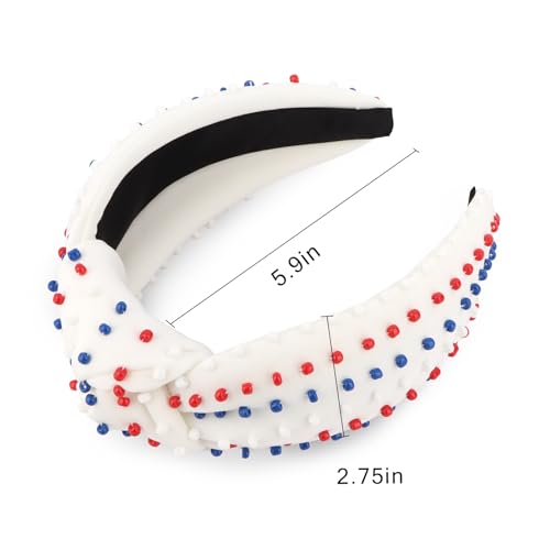 YISSION 4th of July Red White Blue Beaded Knotted Wide Headband for Adults - Patriotic Festival Hair Accessory for Independence Day Parades & Celebrations - color: Red,Blue,White