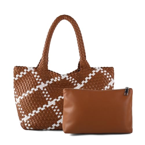 Woven Tote Bag Womens Purse Vegan Leather Shoulder Handbags Fashion Summer Beach Tote Bags Large Travel Totes - color: Brown-w