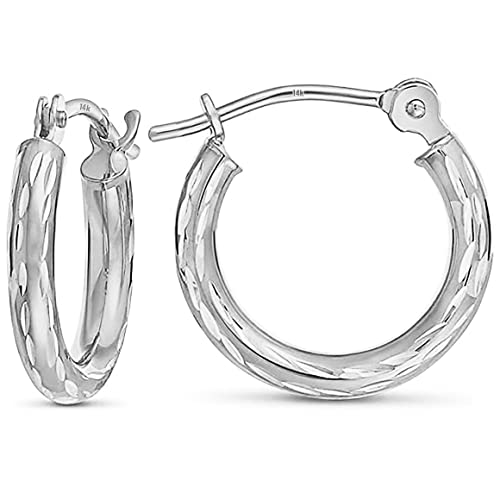 14k Gold Small Hoops Diamond-cut Engraved Hoop Earrings - color: White Gold