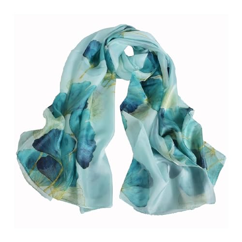 100% Mulberry Silk Women's Neck Silk Scarf-Lightweight Shawl,FLoral Print Beach Silk Wrap-Scarves for Photography - color: Blue Ginkgo Leaf